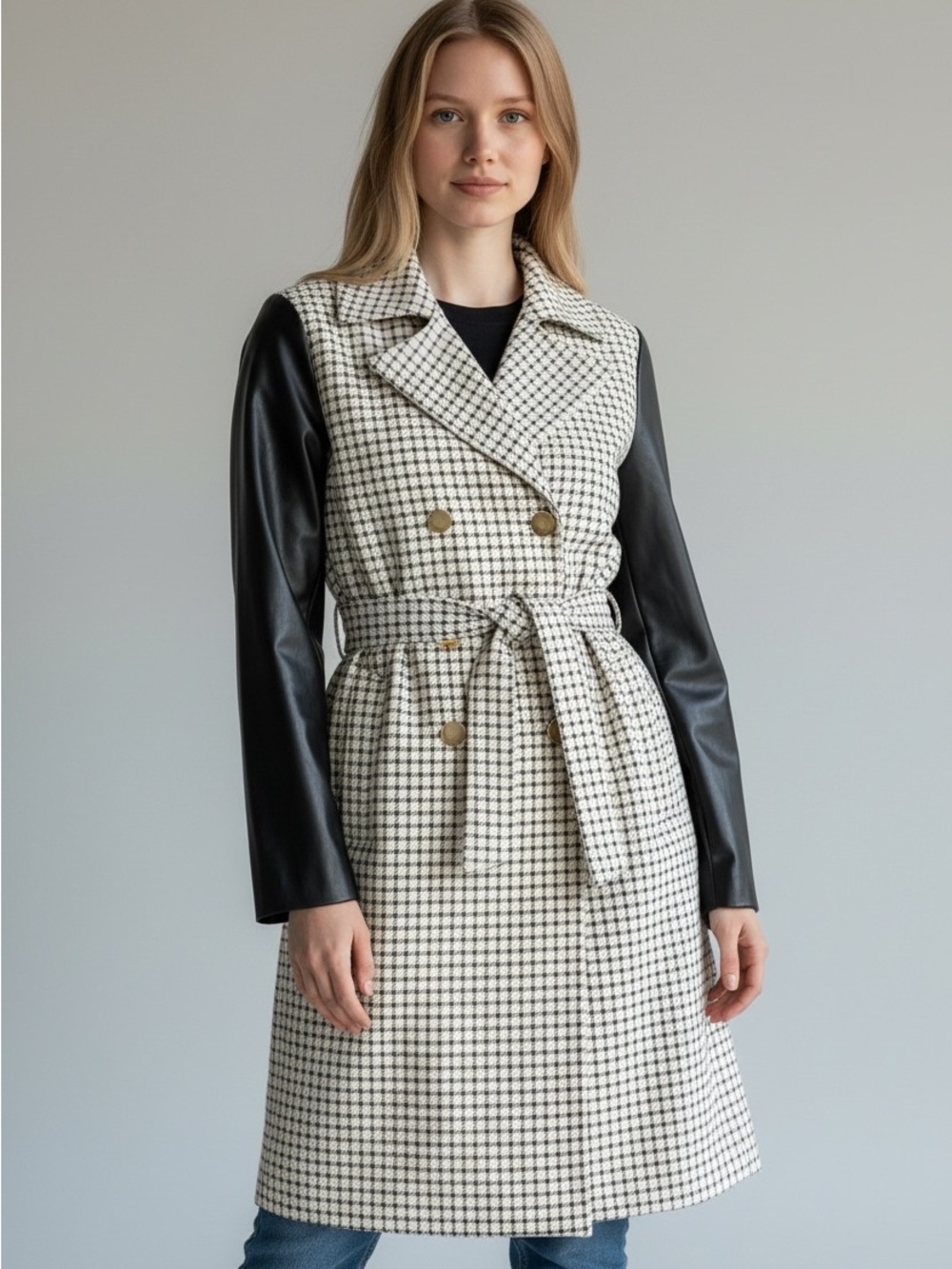 aliceblue Mixed Media Double-Breasted Plaid Trench Coat with Faux Leather Sleeve